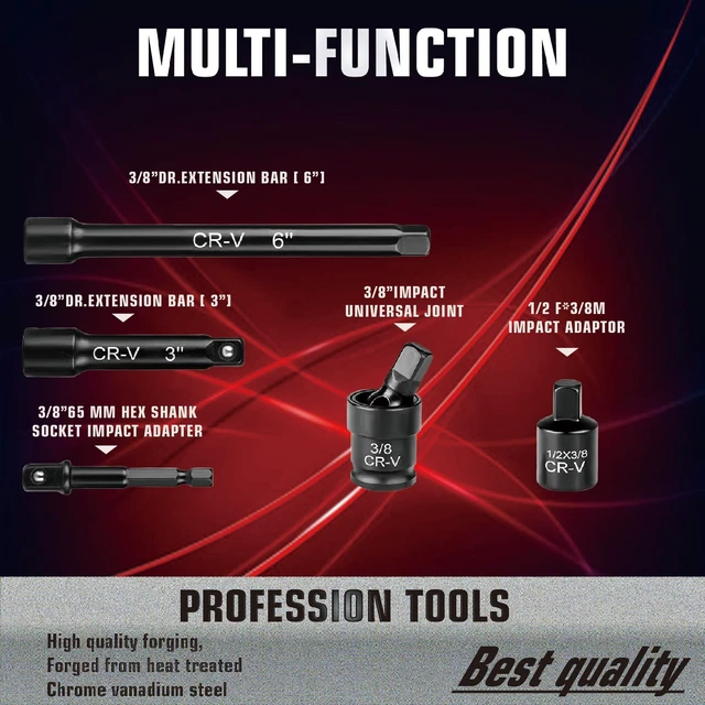 Alt view image 5 of 7 - 3/8" Drive Impact Socket Set, 50-PC SAE (5/16-3/4) & Metric (8-22mm), 6-Point Cr-V Deep & Shallow with Ratchet