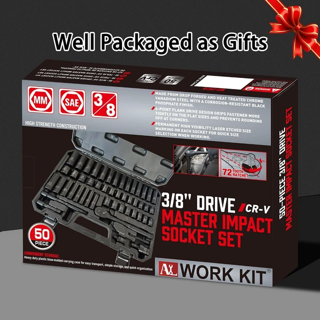 Alt view image 7 of 7 - 3/8" Drive Impact Socket Set, 50-PC SAE (5/16-3/4) & Metric (8-22mm), 6-Point Cr-V Deep & Shallow with Ratchet