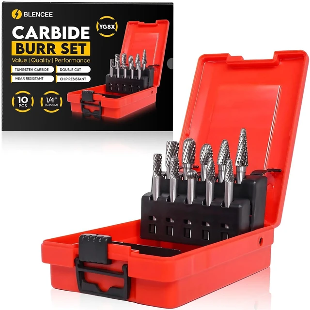 Main image of 10 PCS Tungsten Carbide Burr Set, 1/4" Shank Double Cut Die Grinder Bits for Deburring, Grinding & Carving