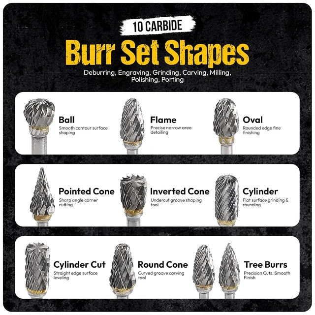 Alt view image 4 of 7 - 10 PCS Tungsten Carbide Burr Set, 1/4" Shank Double Cut Die Grinder Bits for Deburring, Grinding & Carving