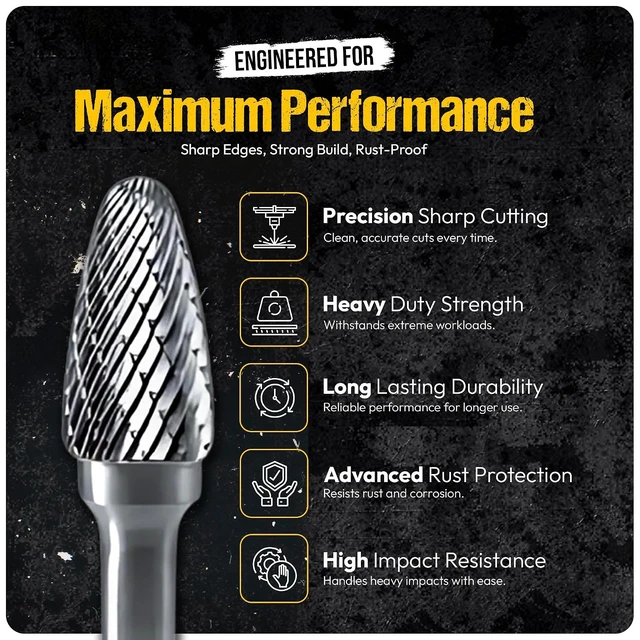Alt view image 6 of 7 - 10 PCS Tungsten Carbide Burr Set, 1/4" Shank Double Cut Die Grinder Bits for Deburring, Grinding & Carving