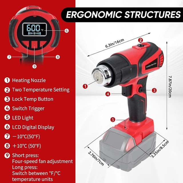 Alt view image 2 of 7 - Cordless Heat Gun for Milwaukee M18, Variable Temp 122°F~1112°F with LCD Display & 4 Nozzles (No Battery) (Red)