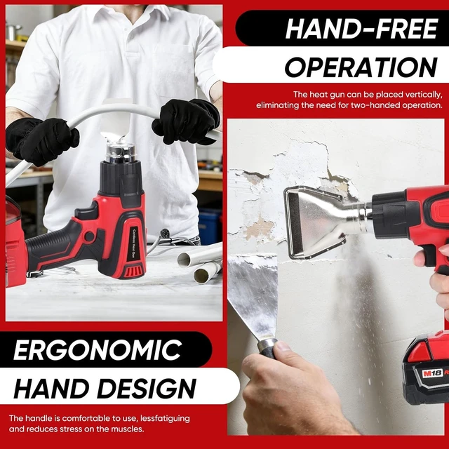 Alt view image 4 of 7 - Cordless Heat Gun for Milwaukee M18, Variable Temp 122°F~1112°F with LCD Display & 4 Nozzles (No Battery) (Red)