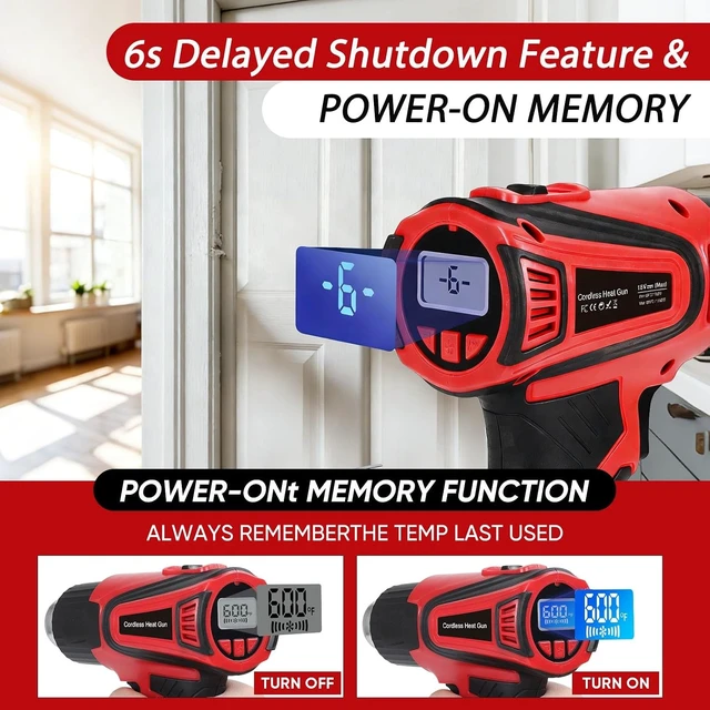 Alt view image 5 of 7 - Cordless Heat Gun for Milwaukee M18, Variable Temp 122°F~1112°F with LCD Display & 4 Nozzles (No Battery) (Red)