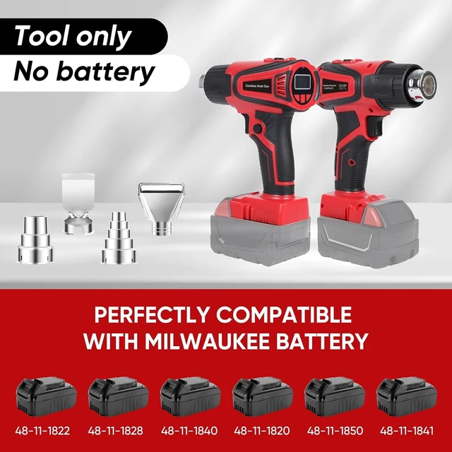 Alt view image 7 of 7 - Cordless Heat Gun for Milwaukee M18, Variable Temp 122°F~1112°F with LCD Display & 4 Nozzles (No Battery) (Red)