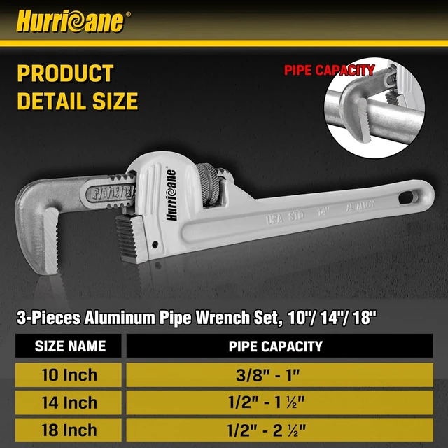Alt view image 2 of 7 - 3-Piece Aluminum Pipe Wrench Set (10", 14", 18"), Lightweight for Home Maintenance & DIY
