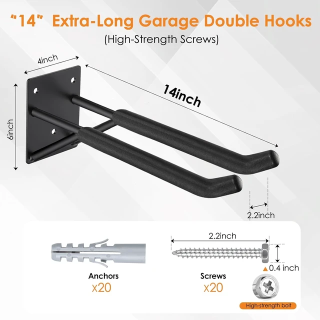 Alt view image 2 of 7 - 14" Heavy Duty Garage Hooks, 4-Pack Ladder & Broom Storage Hooks for Wall Mount