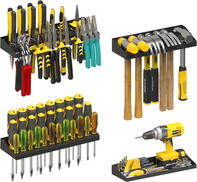 Main image of Wall Mount Hand Tool Storage Set with Screwdriver, Pliers & Hammer Organizer, Metal Tray, 4-Pack