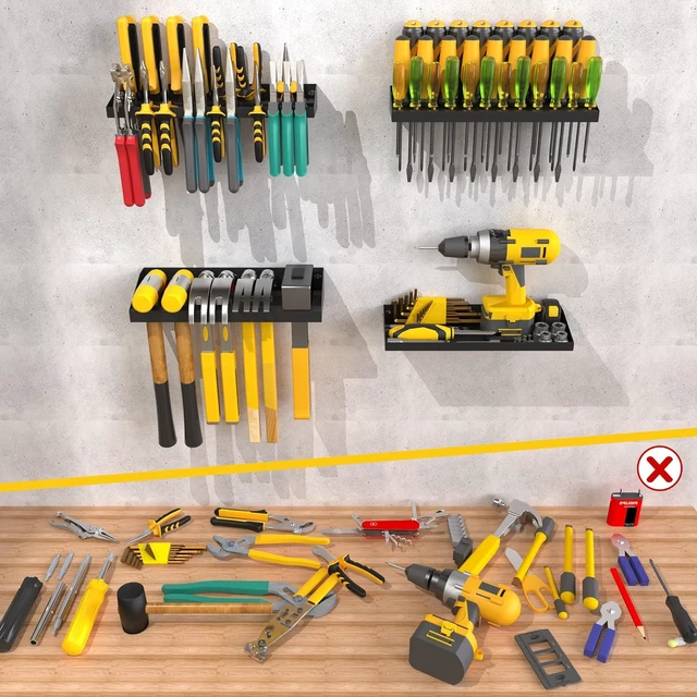 Alt view image 6 of 7 - Wall Mount Hand Tool Storage Set with Screwdriver, Pliers & Hammer Organizer, Metal Tray, 4-Pack