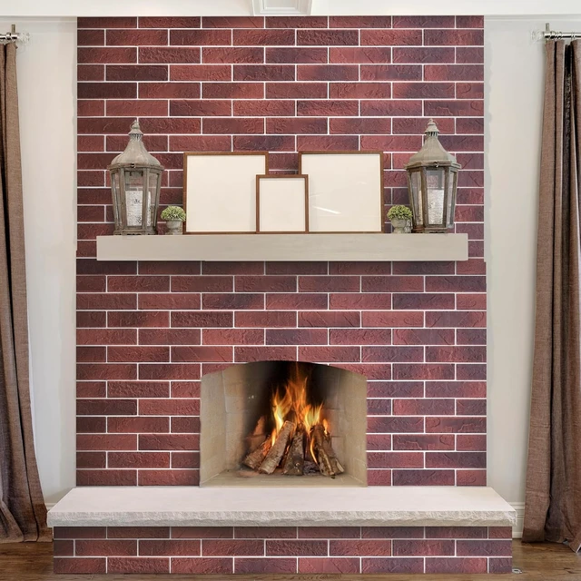 Alt view image 2 of 6 - 100-PC Vintage Red 3D Faux Brick Wall Tiles, Thin Veneers for Bedroom, Kitchen & Fireplace (14.2 sq ft)