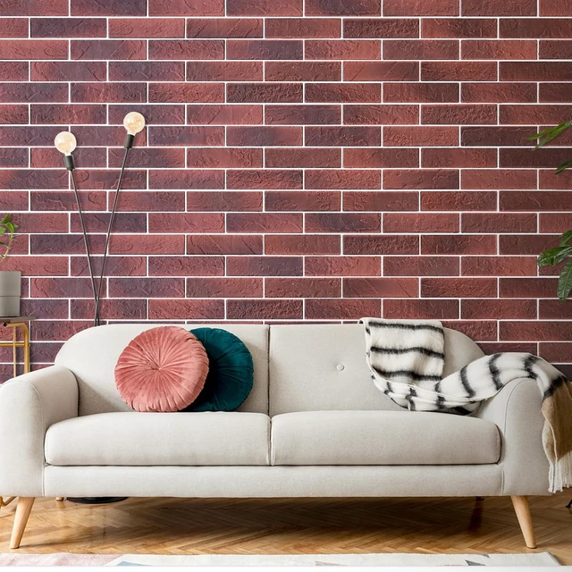 Alt view image 4 of 6 - 100-PC Vintage Red 3D Faux Brick Wall Tiles, Thin Veneers for Bedroom, Kitchen & Fireplace (14.2 sq ft)
