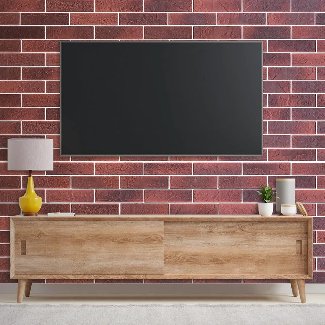 Alt view image 6 of 6 - 100-PC Vintage Red 3D Faux Brick Wall Tiles, Thin Veneers for Bedroom, Kitchen & Fireplace (14.2 sq ft)