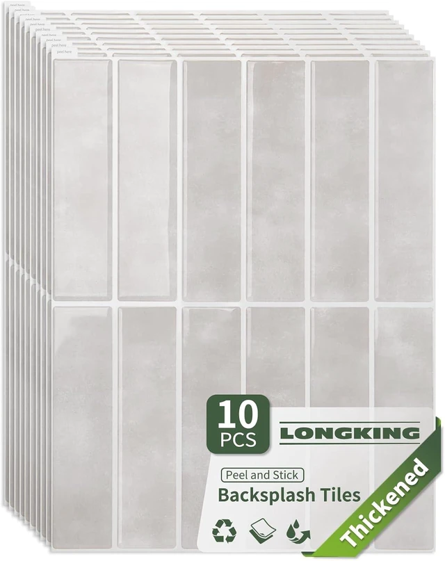 Main image of 10-Sheet Peel and Stick Subway Tile Backsplash, Vertical Marble Design, Waterproof for Kitchen & Bathroom, Sand Stone