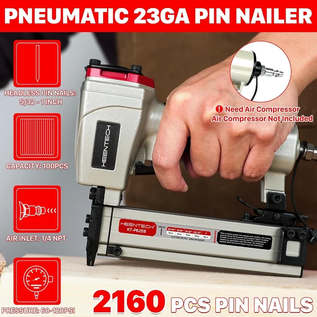 Alt view image 2 of 7 - Pneumatic 23 Gauge Pin Nailer with 2160 PCS 5/32" to 1" Pins