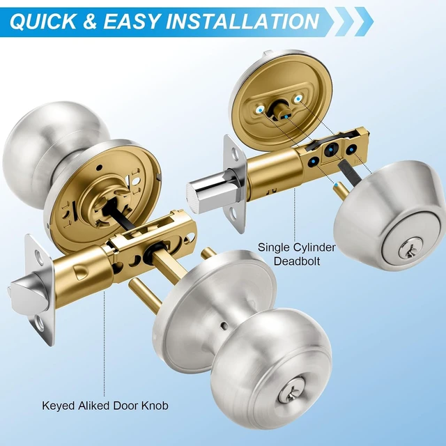 Alt view image 4 of 7 - 4-Pack Satin Nickel Exterior Door Lock Set, Keyed Alike Knob & Deadbolt Combo with Keys for Entrance & Front Door