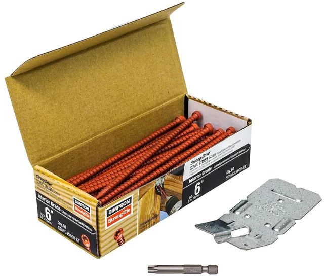 Main image of Strong-Drive SDWC15600-KT Truss Screw Kit 6" Interior Wood Screws, Clear Zinc with Orange Topcoat, Includes 50 Screws, 1 Bit & 1 Guide