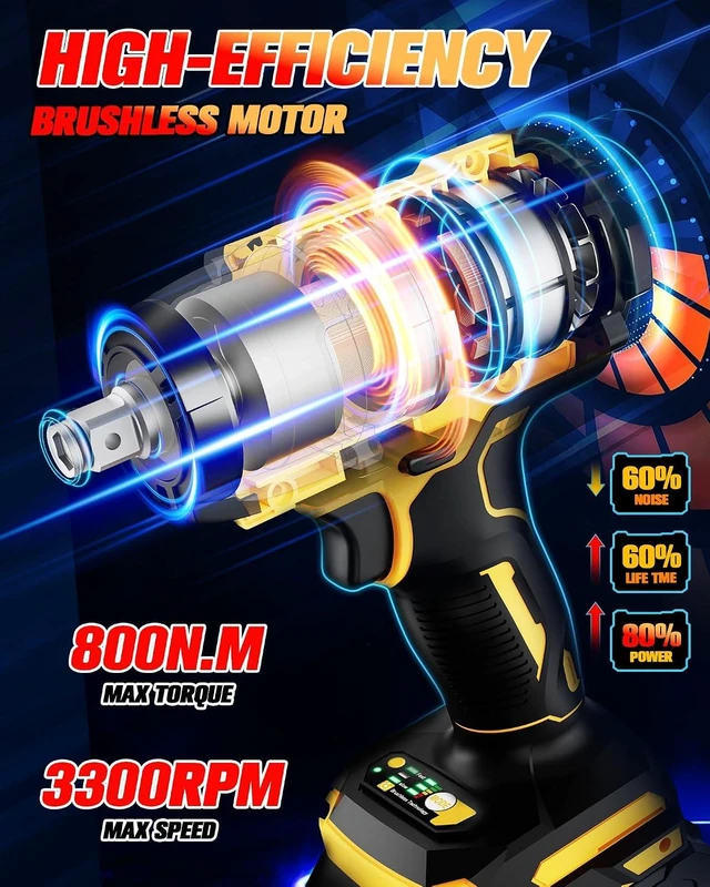 Alt view image 2 of 7 - Cordless Brushless Impact Wrench 590 Ft-lbs (800N.m), 3300 RPM High Torque 1/2" Impact Gun, 2x 4.0Ah Battery, Charger & 7 Sockets for Car & Home