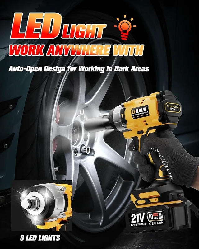 Alt view image 7 of 7 - Cordless Brushless Impact Wrench 590 Ft-lbs (800N.m), 3300 RPM High Torque 1/2" Impact Gun, 2x 4.0Ah Battery, Charger & 7 Sockets for Car & Home
