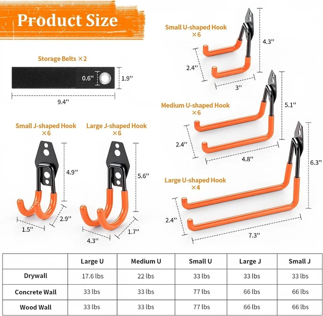 Alt view image 3 of 7 - Steel Garage Hooks with Anti-Slip Coating, 30 Pack, Orange