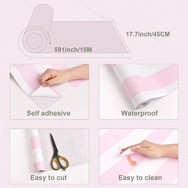 Alt view image 3 of 7 - Cute Pink & White Striped Peel and Stick Wallpaper, 17.7" x 591"