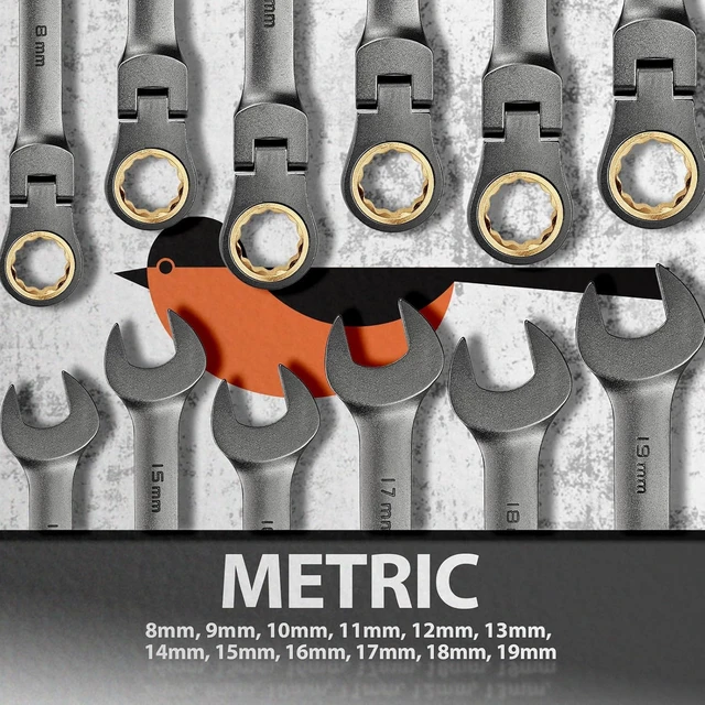 Alt view image 6 of 7 - 12-Piece Metric Ratchet Wrench Set (8-19mm) with 180° Flex Head
