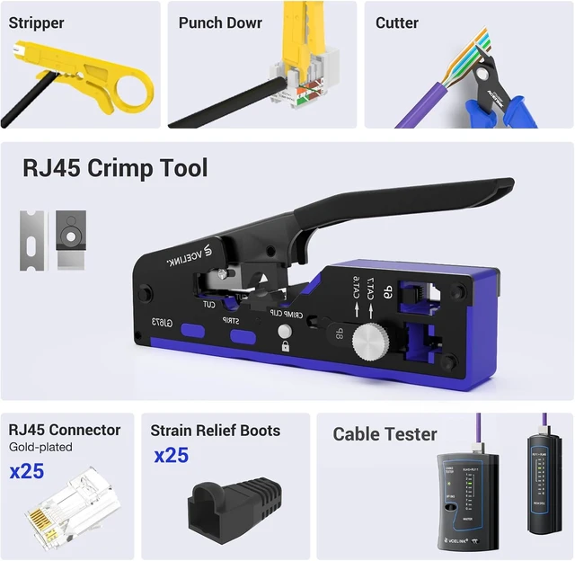 Alt view image 3 of 7 - Professional All-In-1 RJ45 Crimp Tool Kit, CAT7/6/5 Crimper, Blue