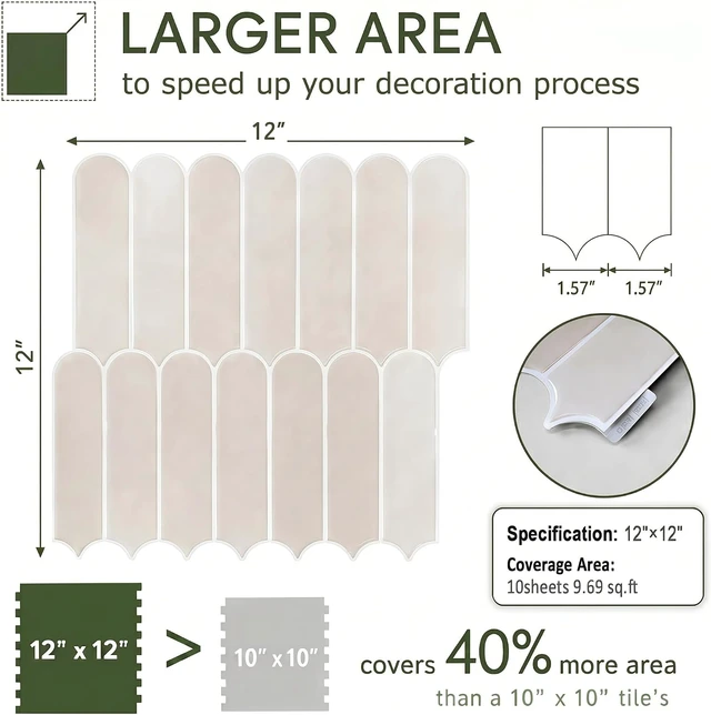 Alt view image 3 of 6 - Peel and Stick Backsplash Tiles, 10 Sheets 12'' x 12'' for Kitchen