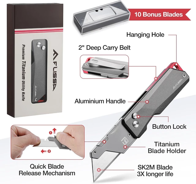 Alt view image 6 of 7 - Advanced Titanium Utility Knife CNC Unibody, Lightweight All-Metal Folding Box Cutter with Quick Change Blade, Ideal Gift for Men & Women, 10 Extra Blades Included