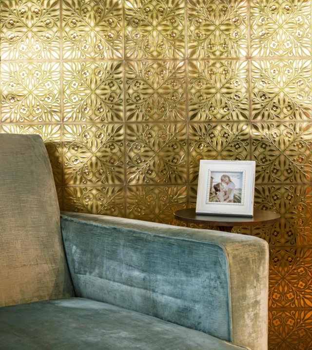 Alt view image 2 of 6 - Gold & Green Leaves Peel and Stick Wallpaper Tiles, 24-Pack