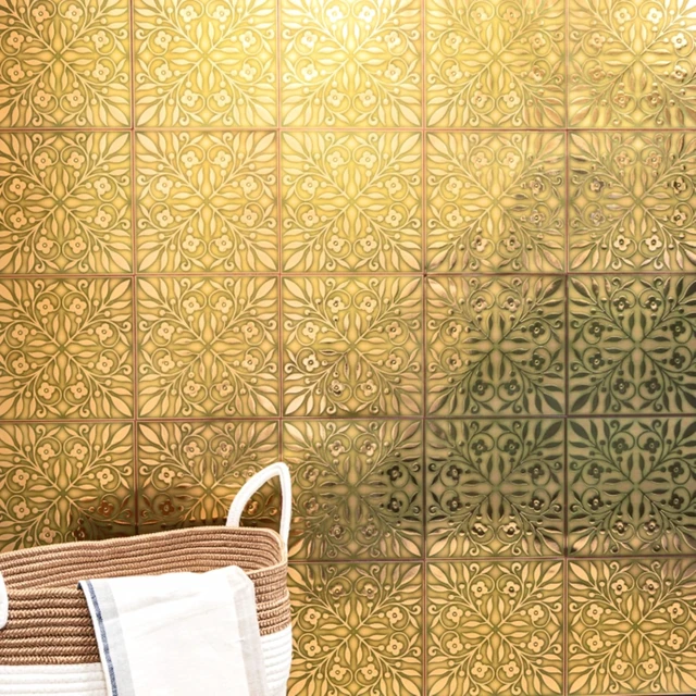 Alt view image 3 of 6 - Gold & Green Leaves Peel and Stick Wallpaper Tiles, 24-Pack