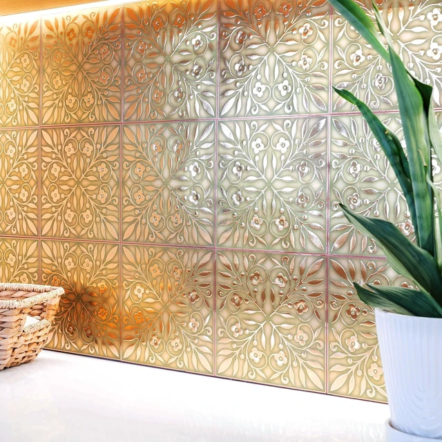 Alt view image 4 of 6 - Gold & Green Leaves Peel and Stick Wallpaper Tiles, 24-Pack