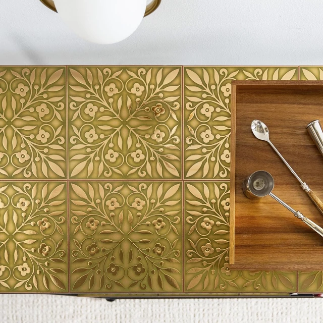 Alt view image 5 of 6 - Gold & Green Leaves Peel and Stick Wallpaper Tiles, 24-Pack