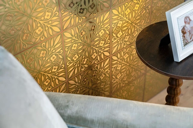 Alt view image 6 of 6 - Gold & Green Leaves Peel and Stick Wallpaper Tiles, 24-Pack