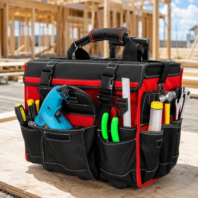 Alt view image 2 of 7 - 18-Inch Heavy Duty Rolling Tool Bag with Wheels & Telescoping Handle Durable Multi-Pocket Organizer for Electrical, Plumbing, HVAC & Mechanic Tools