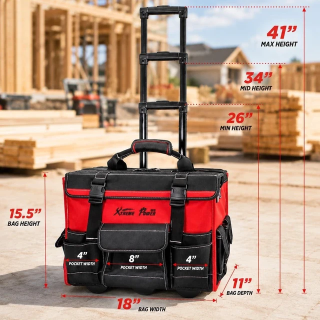 Alt view image 5 of 7 - 18-Inch Heavy Duty Rolling Tool Bag with Wheels & Telescoping Handle Durable Multi-Pocket Organizer for Electrical, Plumbing, HVAC & Mechanic Tools