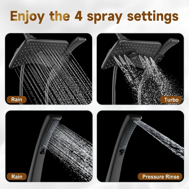 Alt view image 2 of 7 - High Pressure Dual Shower Head Combo with Rainfall & Handheld 4 Spray Settings, Tool-Free Install, 60" Stainless Steel Hose, Matte Black