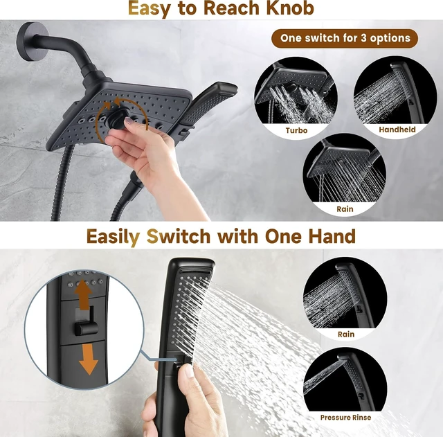 Alt view image 3 of 7 - High Pressure Dual Shower Head Combo with Rainfall & Handheld 4 Spray Settings, Tool-Free Install, 60" Stainless Steel Hose, Matte Black