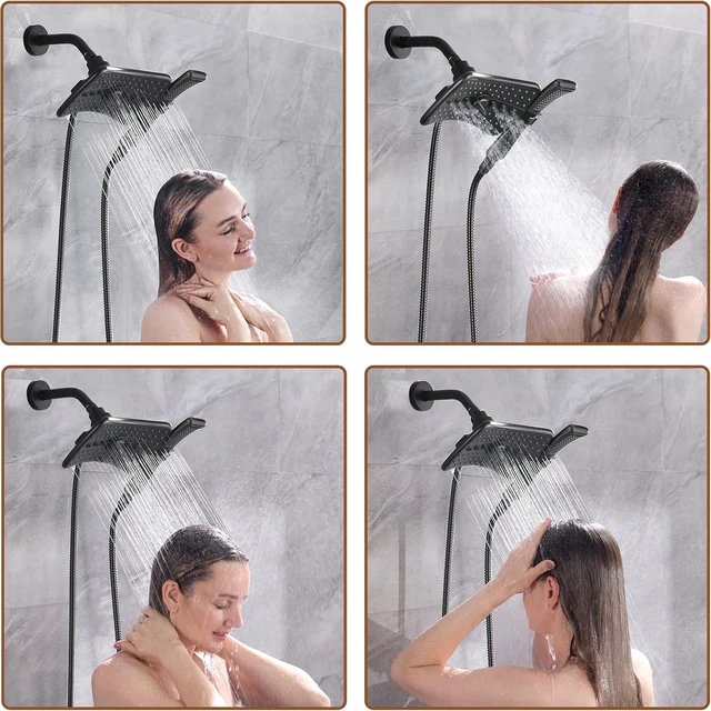 Alt view image 4 of 7 - High Pressure Dual Shower Head Combo with Rainfall & Handheld 4 Spray Settings, Tool-Free Install, 60" Stainless Steel Hose, Matte Black
