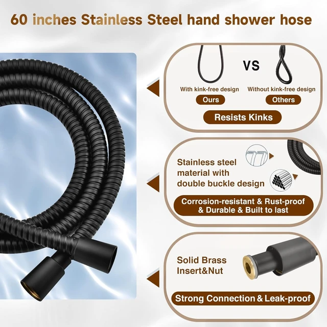 Alt view image 6 of 7 - High Pressure Dual Shower Head Combo with Rainfall & Handheld 4 Spray Settings, Tool-Free Install, 60" Stainless Steel Hose, Matte Black