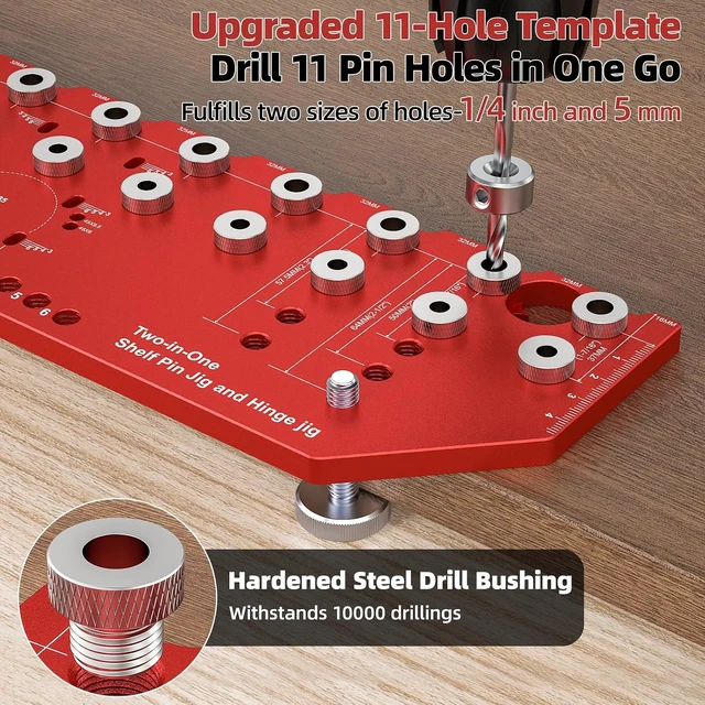 Alt view image 2 of 7 - 2-in-1 11-Hole Shelf Pin Jig & Hinge Jig, 1/4 Inch and 5mm Shelf Hole Jig