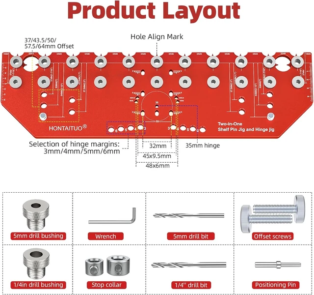 Alt view image 7 of 7 - 2-in-1 11-Hole Shelf Pin Jig & Hinge Jig, 1/4 Inch and 5mm Shelf Hole Jig