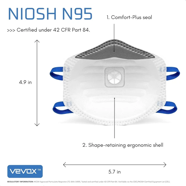 Alt view image 7 of 7 - N95 Mask NIOSH Approved Valved Particulate Respirator with Comfort-Plus Seal, Dust Mask for Adults, 10 or 20 Pack