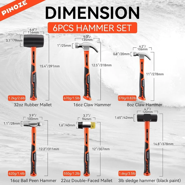 Alt view image 2 of 7 - 6-Piece Hammer Mallet Set Forged Steel Head, Fiberglass Handle, 16oz Ball Pein Hammers