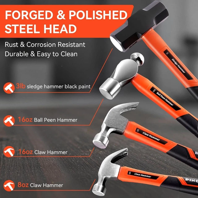 Alt view image 3 of 7 - 6-Piece Hammer Mallet Set Forged Steel Head, Fiberglass Handle, 16oz Ball Pein Hammers