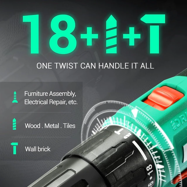 Alt view image 4 of 7 - 20V Cordless Hammer Drill Set 354 In-lb Torque, 1/2" Keyless Chuck, 22500 IPM, 2 Variable Speeds, 18+1+1 Position, 14 Drill/Driver Bits for Brick, Metal & Wood (ADJZ2035i13)