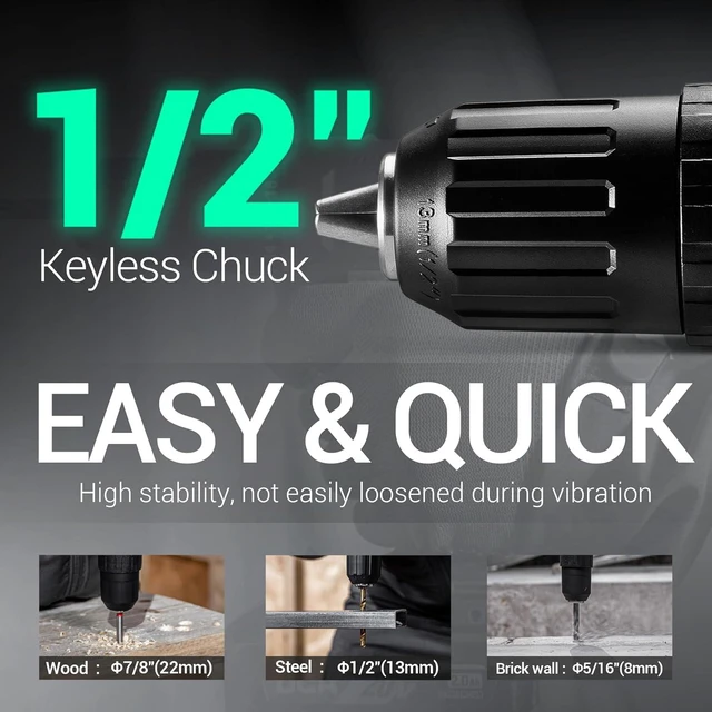 Alt view image 5 of 7 - 20V Cordless Hammer Drill Set 354 In-lb Torque, 1/2" Keyless Chuck, 22500 IPM, 2 Variable Speeds, 18+1+1 Position, 14 Drill/Driver Bits for Brick, Metal & Wood (ADJZ2035i13)