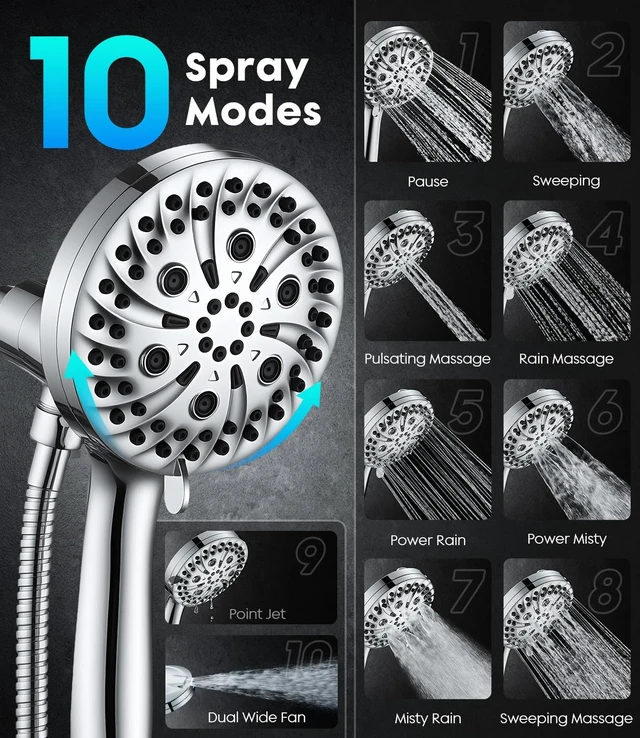 Alt view image 3 of 7 - High Pressure Handheld Shower Head Magnetic Holder, 10 Spray Modes with Power Wash for Pets, Tile & Toilet, Filtered for Softer Skin & Shinier Hair, 1.8GPM, Stainless Steel Hose