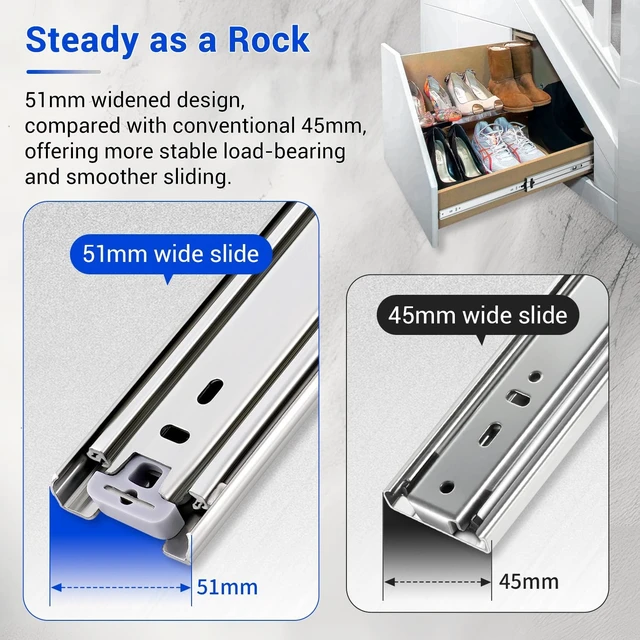 Alt view image 5 of 6 - Heavy Duty Full Extension Side Mount Drawer Slides 14 16 18 20 22 24 26 28 30 32 34 36 40 Inch, 150 Lbs Metal Dresser & Cabinet Rails Tracks Glides Runner, 1 Pair (Without Lock, 18 Inch)