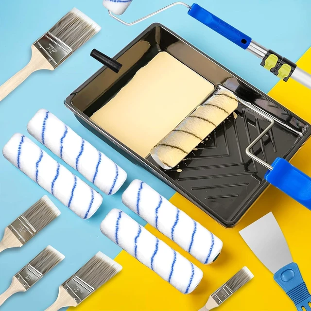 Alt view image 2 of 7 - 31 PCS Paint Roller Kit with 2 to 4 Ft Extension Pole 9" & 4" Rollers, Covers, Frame, Tray, Painters Tape & Long Handle Brush for Painting Walls, House, Corner & Concrete