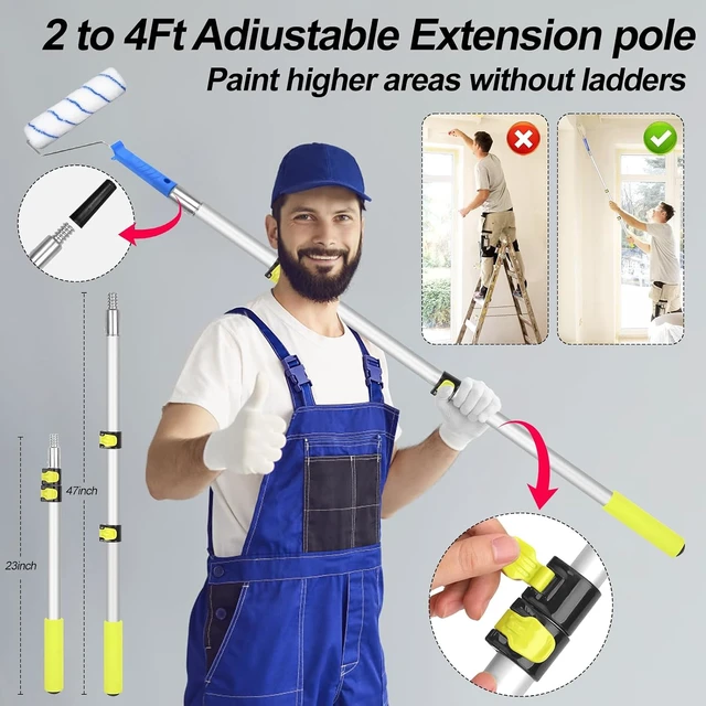 Alt view image 3 of 7 - 31 PCS Paint Roller Kit with 2 to 4 Ft Extension Pole 9" & 4" Rollers, Covers, Frame, Tray, Painters Tape & Long Handle Brush for Painting Walls, House, Corner & Concrete